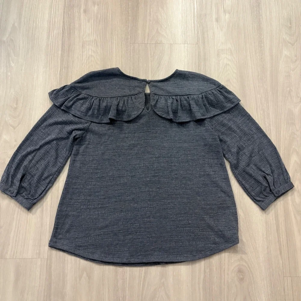 Free People Top Women Gray Ruffle Yoke 3/4 Sleeve Knit Charcoal Slub Textured M